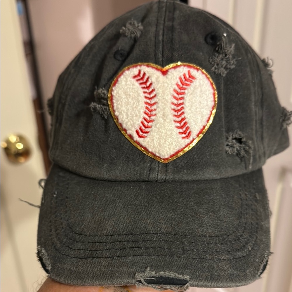 Distressed Black Baseball Heart Cap